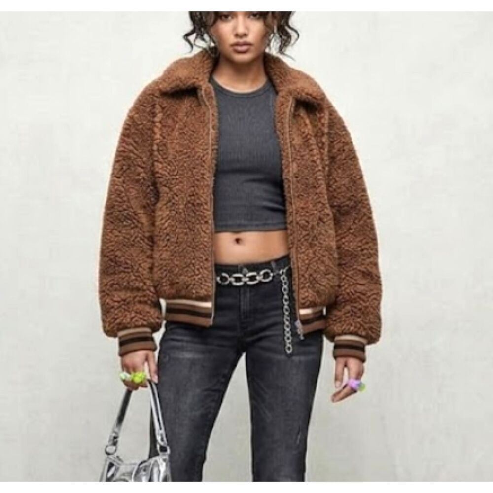 Ci Sono Teddy Sherpa Bomber Jacket Womens Large Chocolate Brown Y2K Fuzzy Cozy